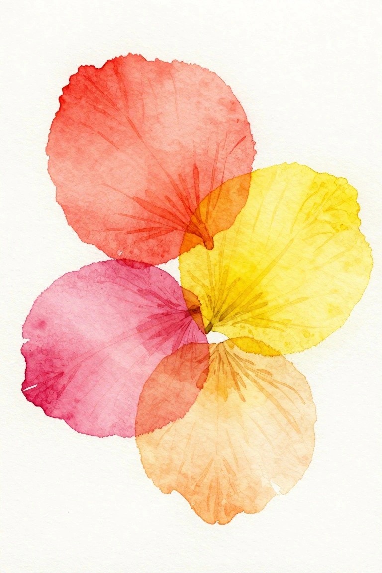 Watercolor painting of four overlapping translucent circles in red, pink, yellow, and orange with faint vein lines on white paper.