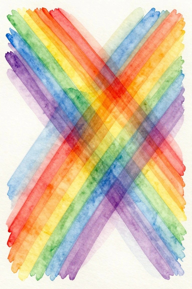 Watercolor rainbow stripes overlapping in a large diagonal X on paper