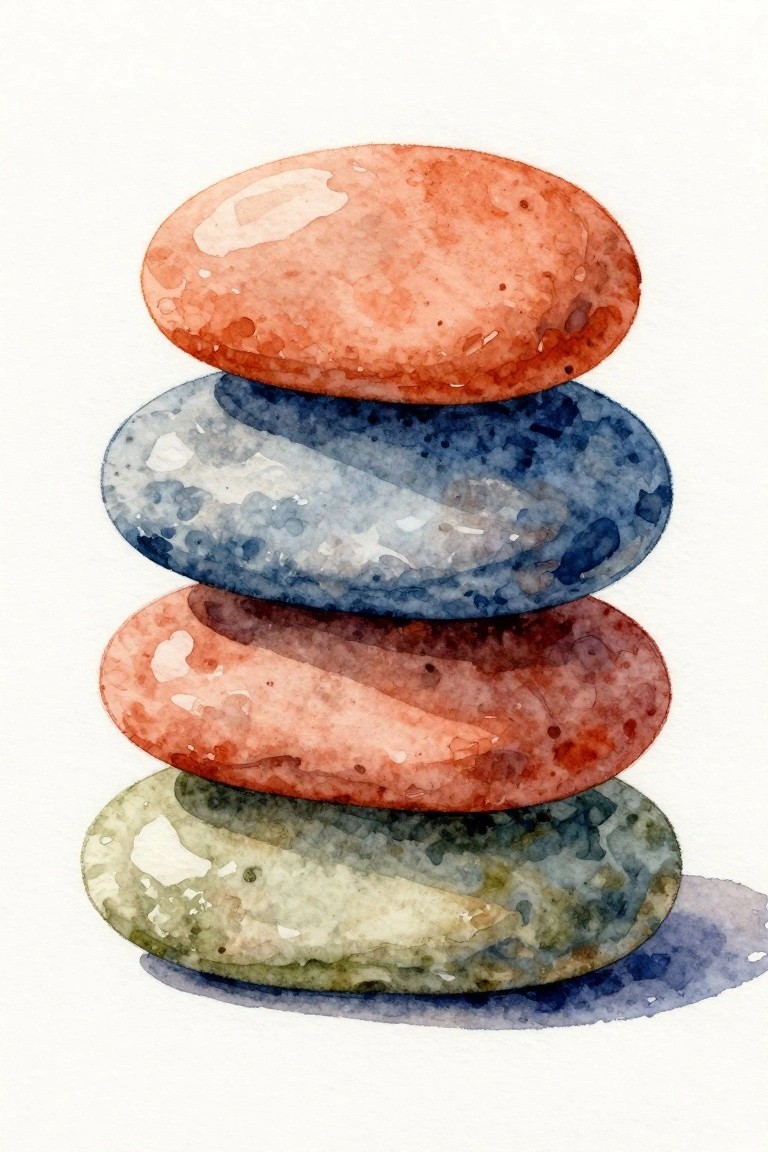 Watercolor stack of four smooth pebbles in red, blue, and green hues