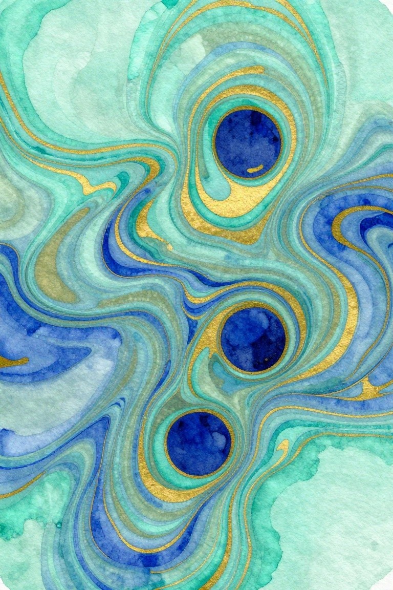 Swirling abstract watercolor in blues and greens with gold accents and dark circles