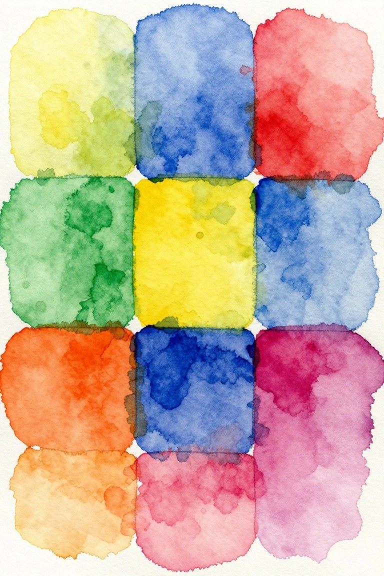 Grid of irregular watercolor swatches in yellow, blue, green, red, and orange hues.