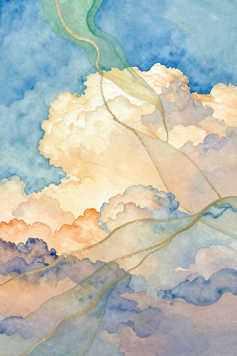 Watercolor clouds in soft blue, peach, and purple with flowing green paths and gold lines
