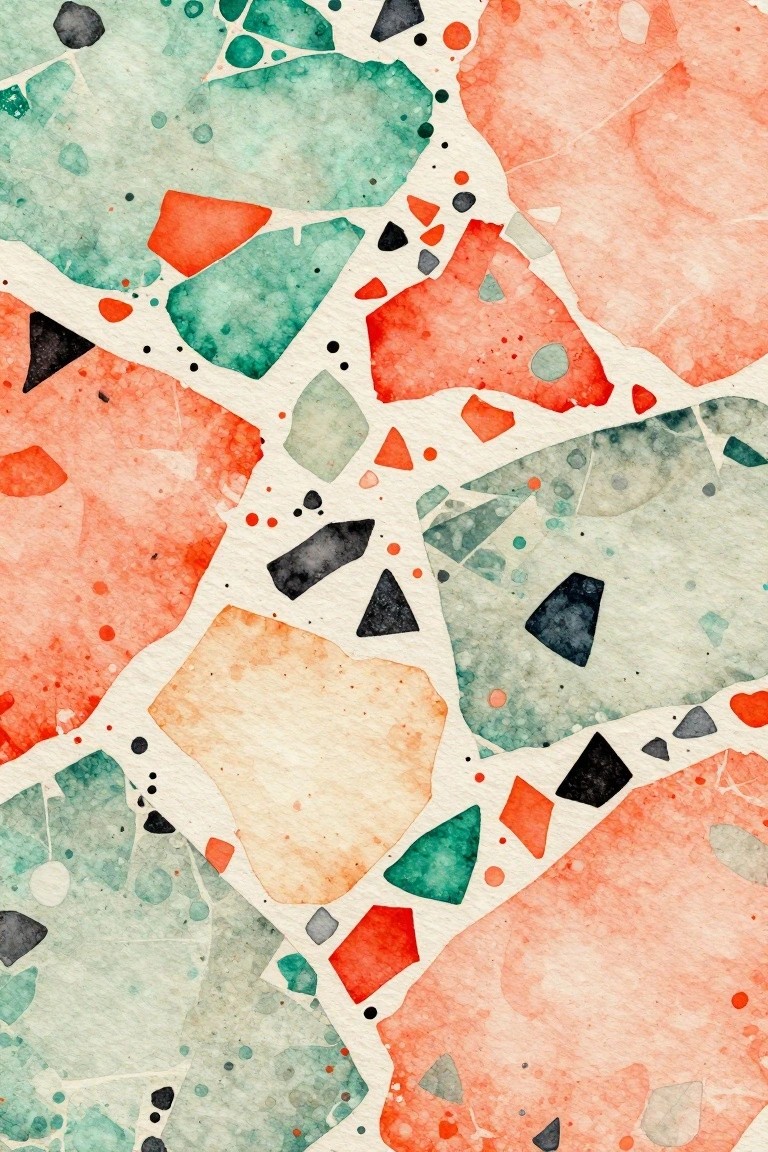 Abstract painting of irregular coral, teal, black, and beige shapes on a white background with scattered paint dots.