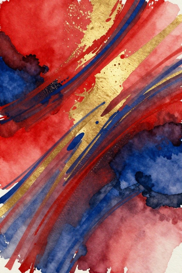 Abstract watercolor with bold red and blue strokes accented by gold metallic lines.