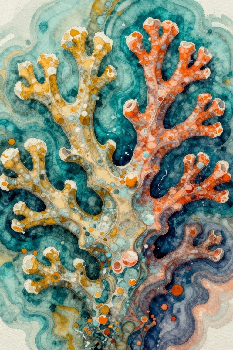 Colorful watercolor coral branches in orange, yellow, and teal swirls