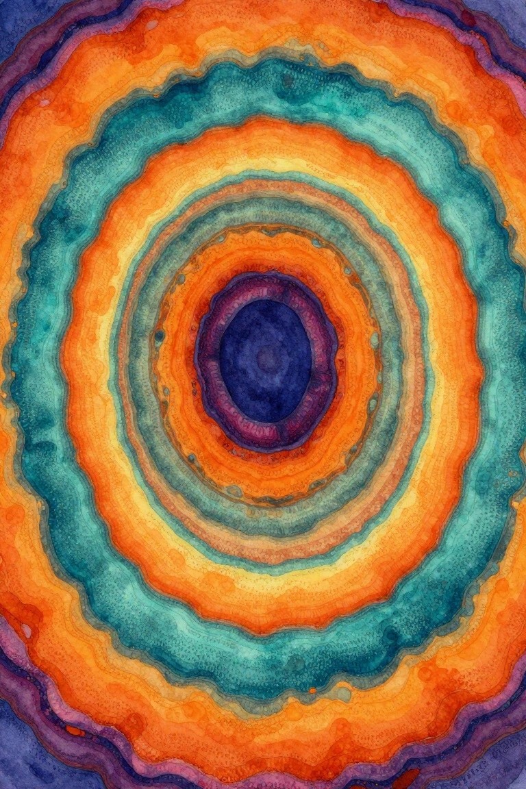 Vibrant watercolor concentric rings in layered orange, teal, blue, and purple hues