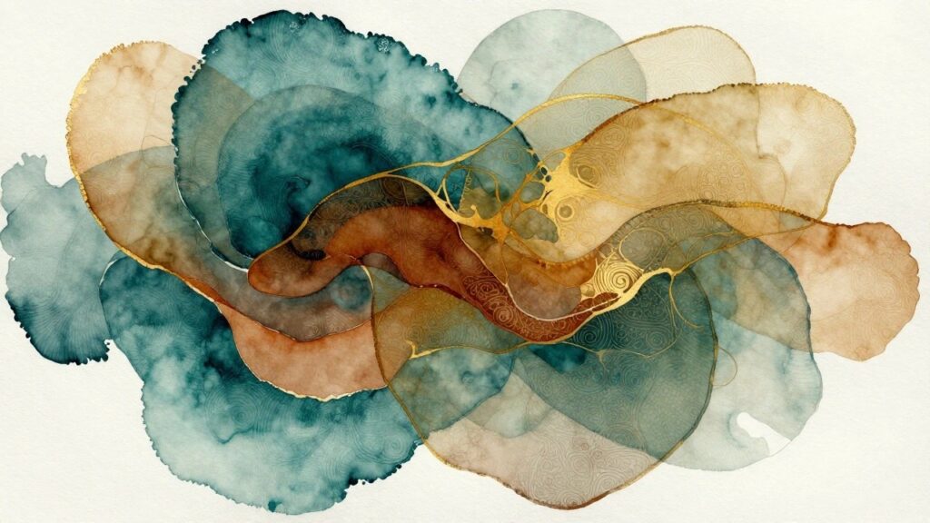Abstract watercolor floral design with overlapping teal, brown, and gold petals.