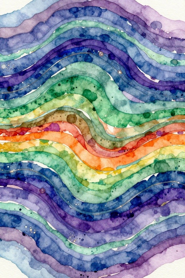 Abstract watercolor with wavy rainbow stripes and scattered paint splatters.