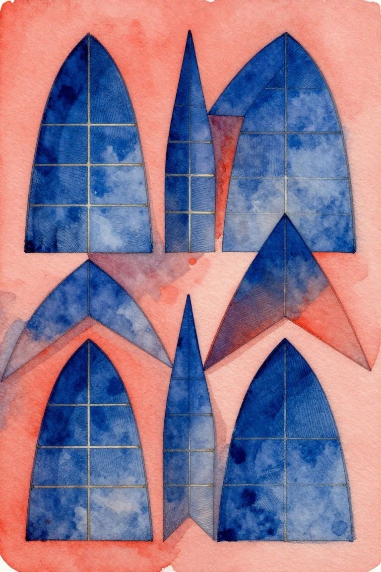 Symmetrical blue pointed arches on coral red watercolor background