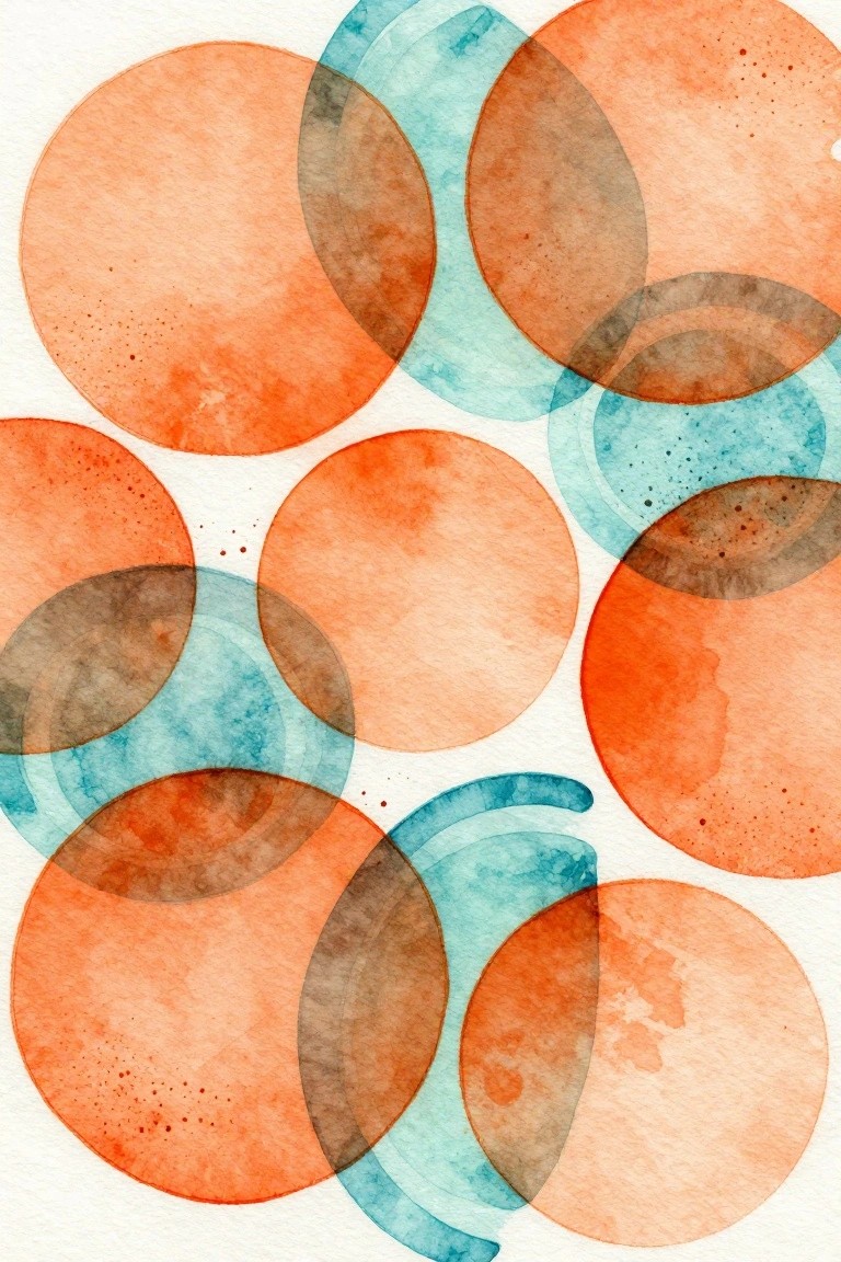 Abstract watercolor of overlapping circles in orange, teal, and brown hues.