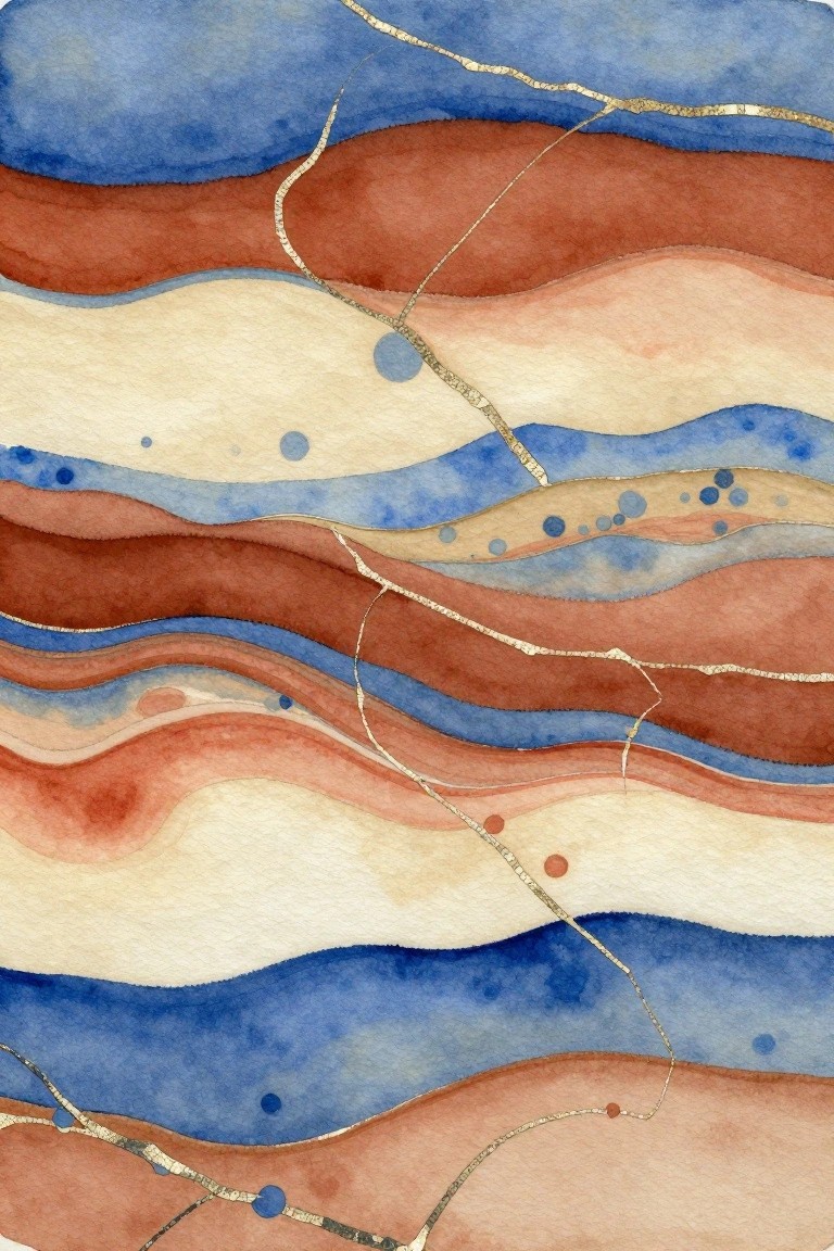 An abstract painting with wavy horizontal layers in blue, red-brown, cream, and beige, crossed by thin gold lines and scattered dots.