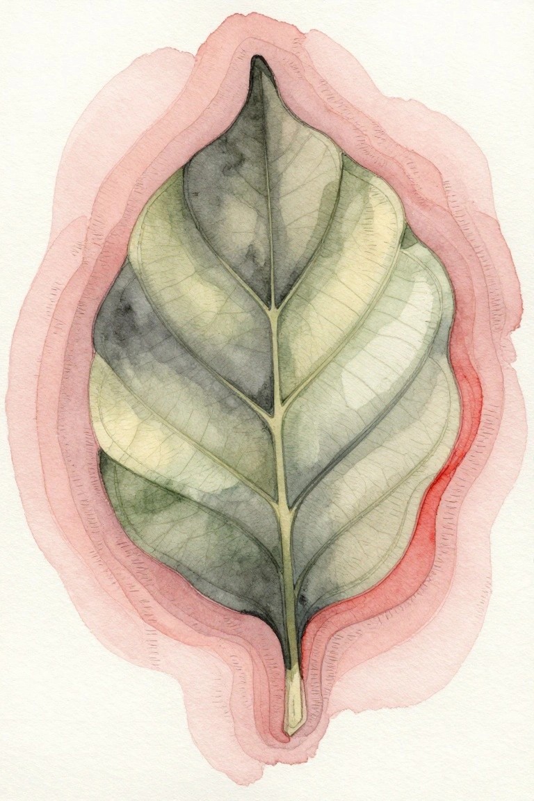 Watercolor green leaf with detailed veins on layered pink and red abstract background