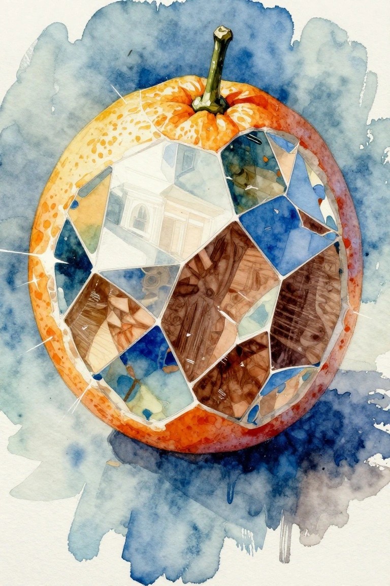 Watercolor pumpkin with mosaic glass panels showing building and room scenes on blue splatter