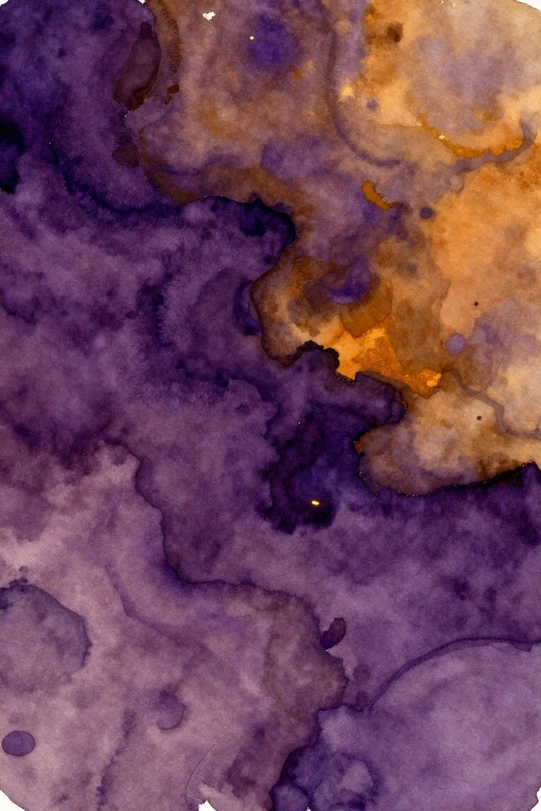 Abstract watercolor with swirling purple and orange hues blending organically.