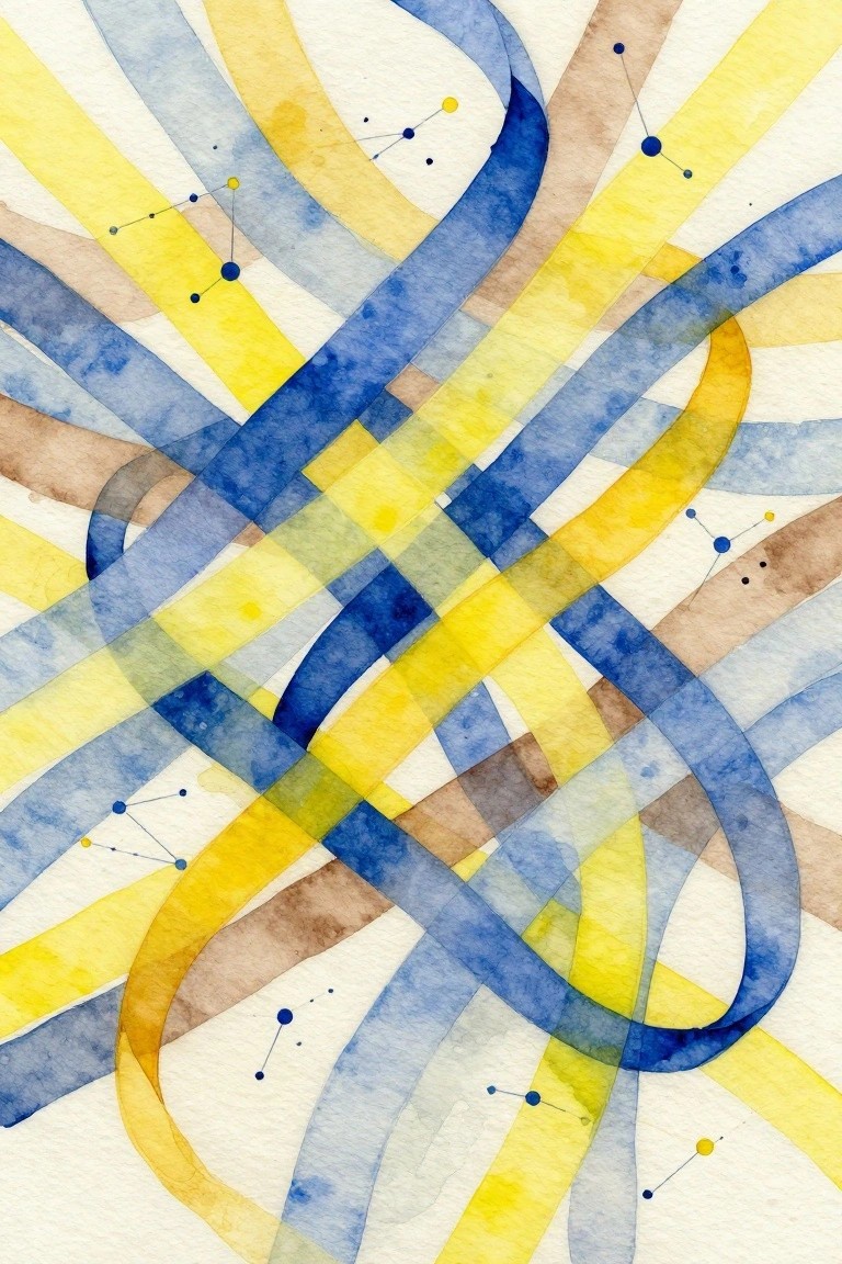 Intertwined blue and yellow watercolor ribbons with scattered constellation-like dots.