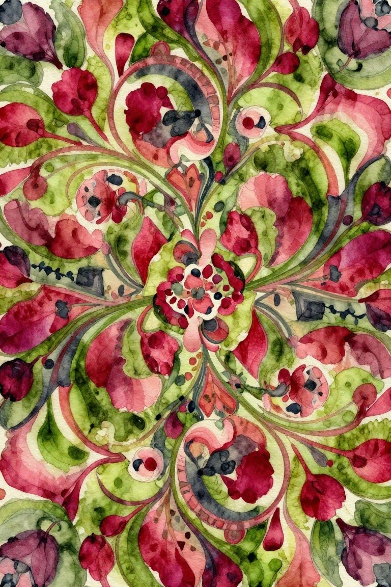 Vibrant watercolor floral mandala with swirling pink and green leaves and petals.
