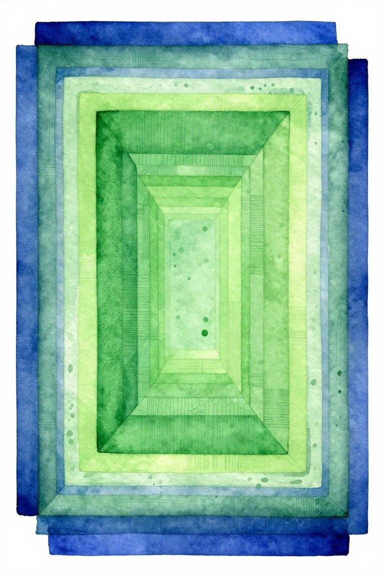 Layered watercolor rectangles in blue and green forming a receding tunnel.