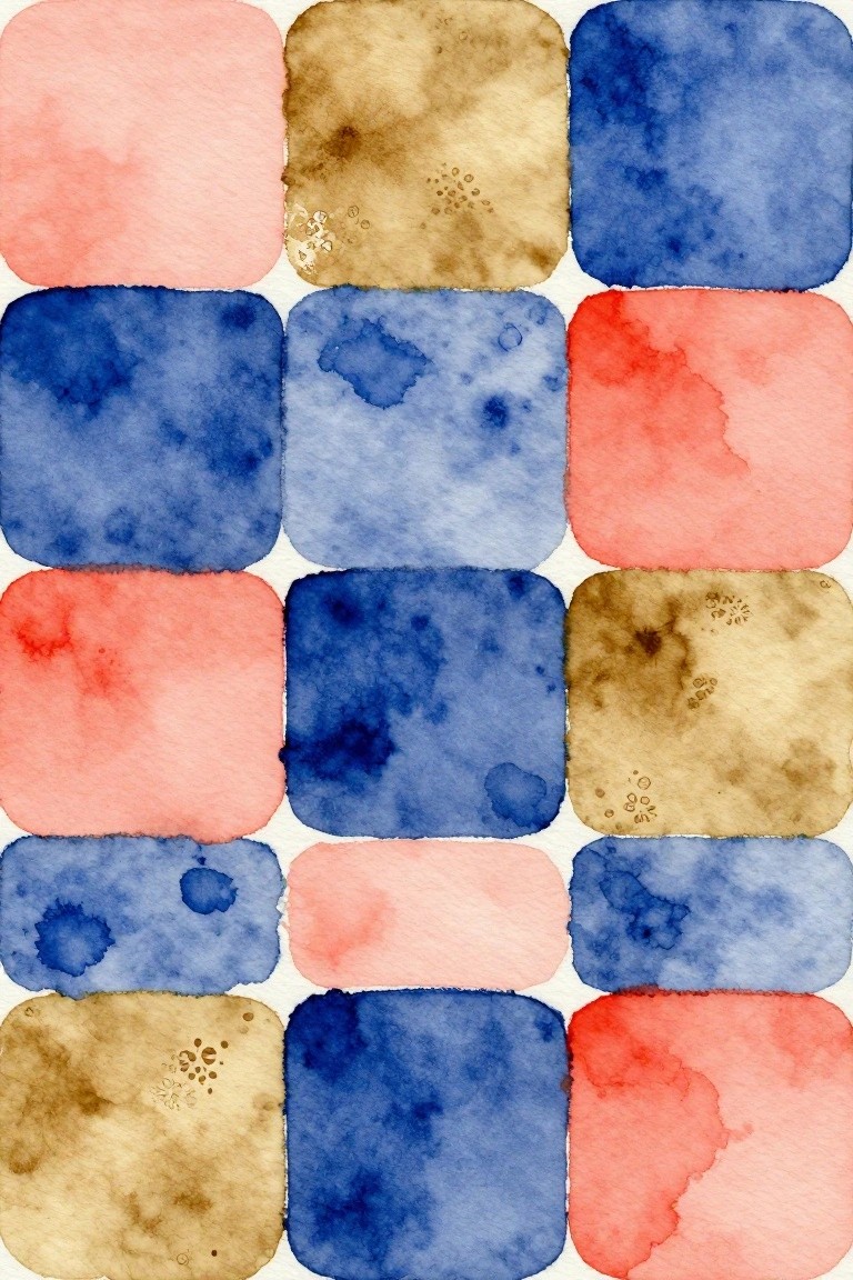 Colorful watercolor squares in pink, blue, red, and brown arranged in a grid