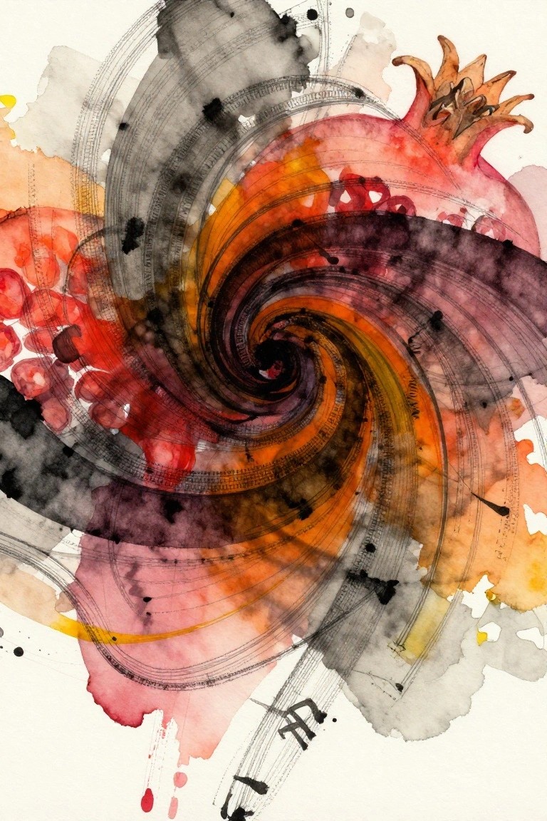 Swirling abstract watercolor in orange and red with musical notes and pomegranate