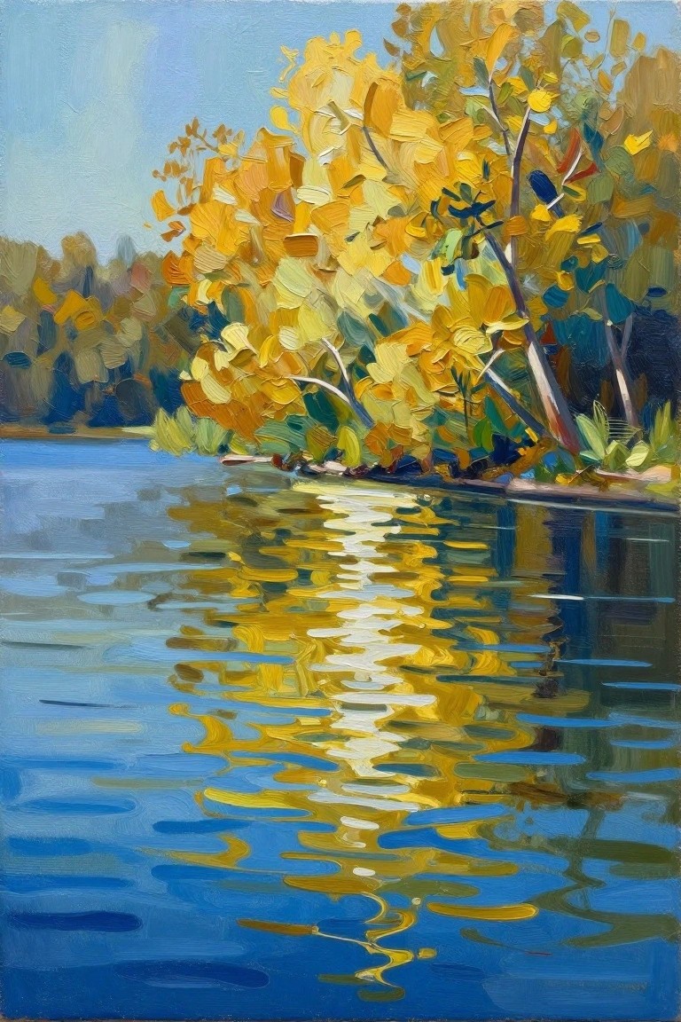 Vibrant autumn trees with golden leaves reflected in rippled blue water, bold brushstrokes.
