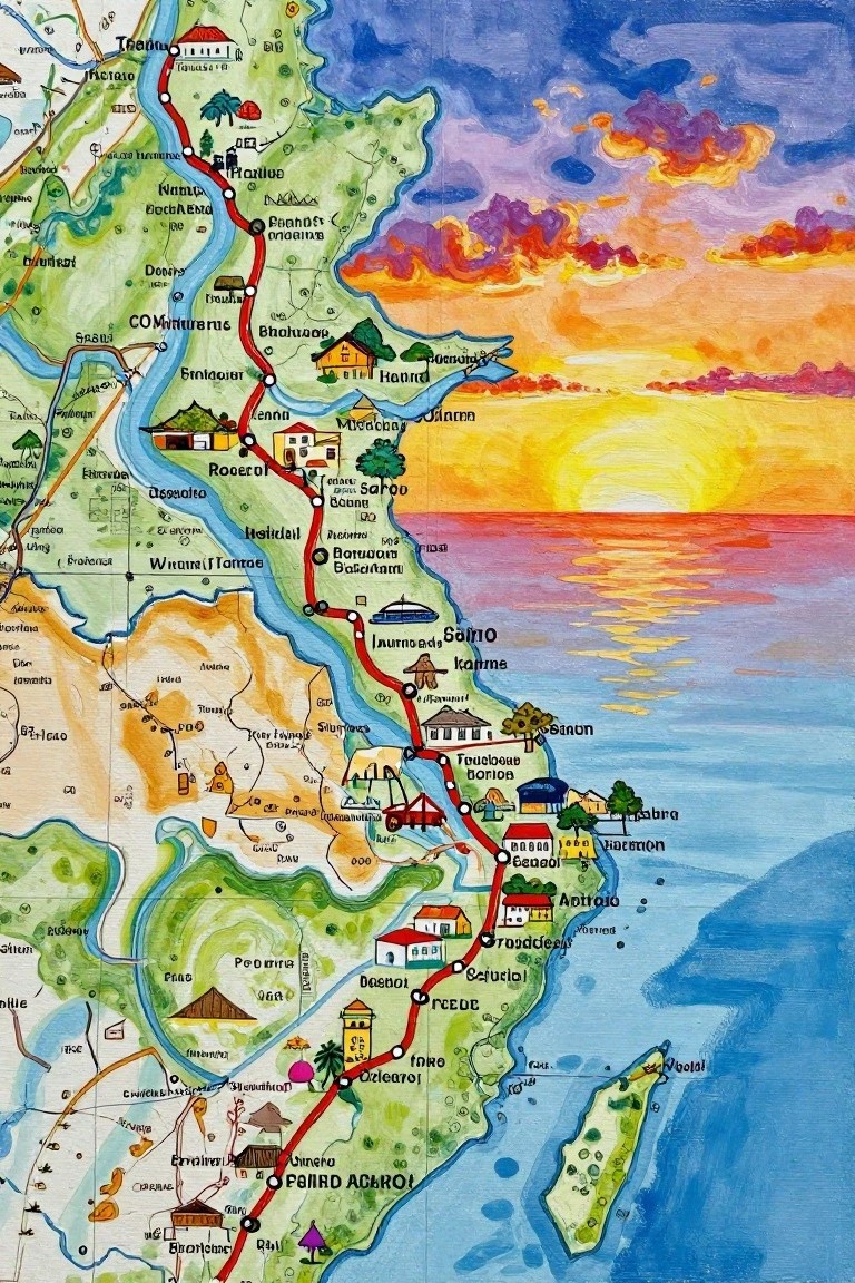 A colorful illustrated map showing a coastal region with towns, a red path running through it, and a large sunset over the water.