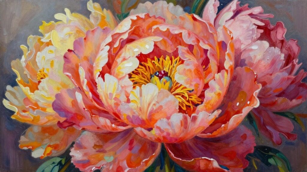 A realistic oil painting of a bouquet of peonies in pink, red, orange, and yellow tones with green leaves against a muted gray background.