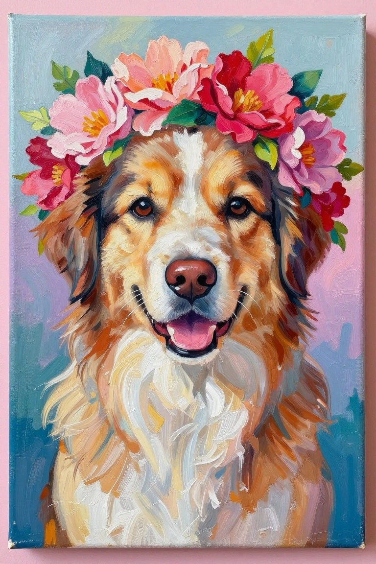 A close-up painting of a brown and white dog wearing a crown of pink and red flowers against a soft blue and purple background.