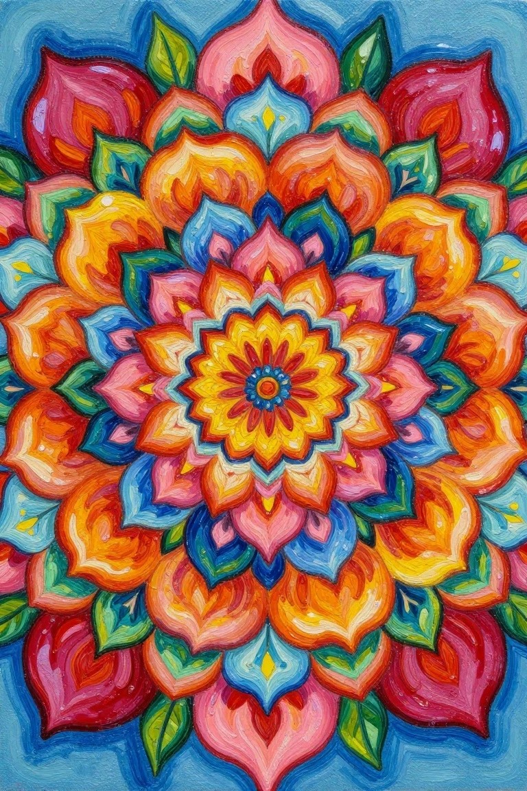 Vibrant rainbow mandala with layered colorful petals radiating from center