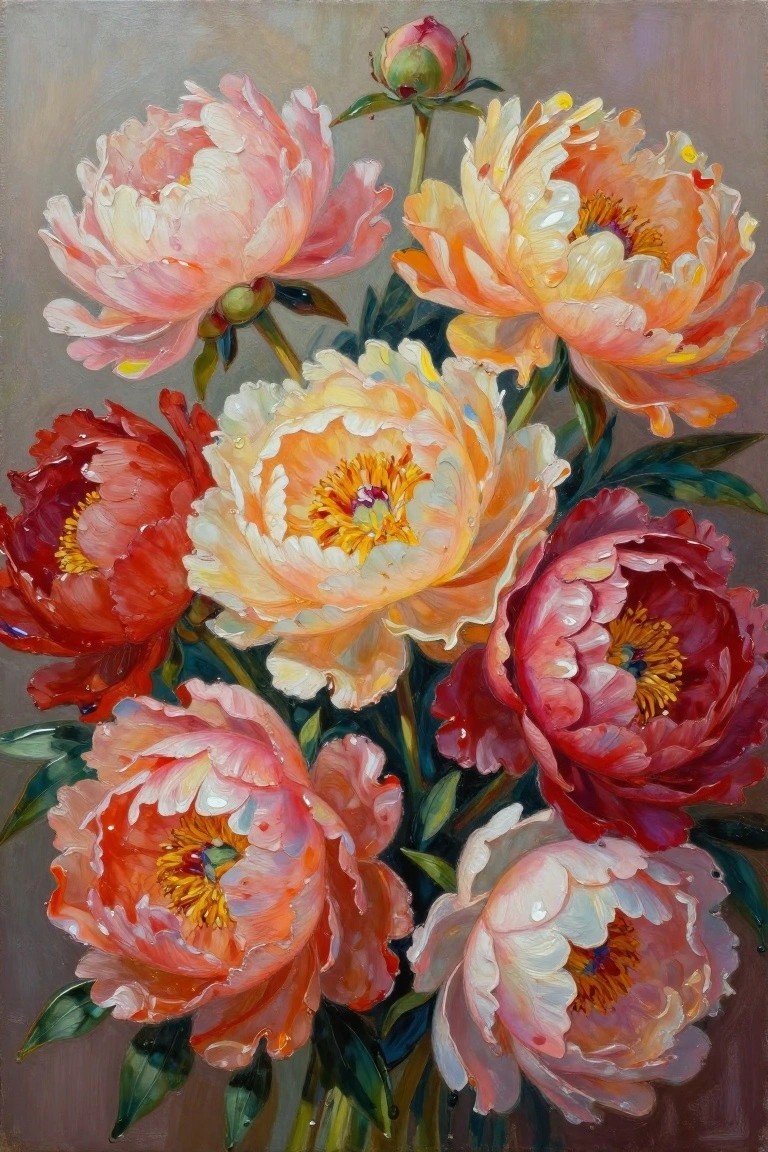 A realistic oil painting of a bouquet of peonies in pink, red, orange, and yellow tones with green leaves against a muted gray background.