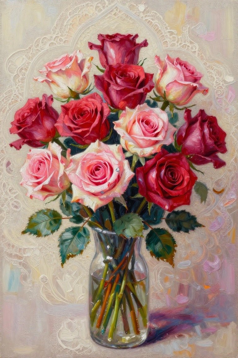A painting of red and pink roses arranged in a glass vase with visible water and stems against a soft ornate background.