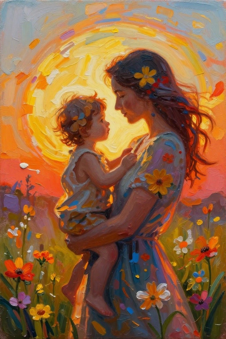 Mother holds flower-crowned toddler in vibrant meadow under swirling sunset, oil painting style