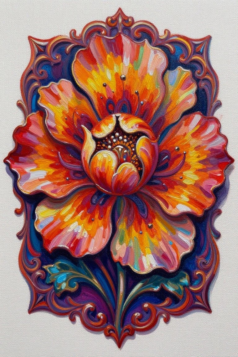 Vibrant orange-red flower with ornate blue swirling decorative frame in painting