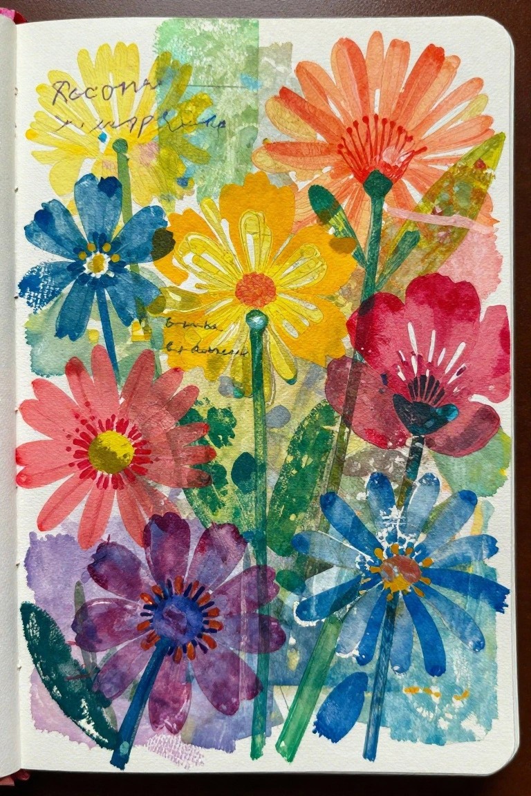 Colorful watercolor flowers fill an open sketchbook page with handwritten notes.