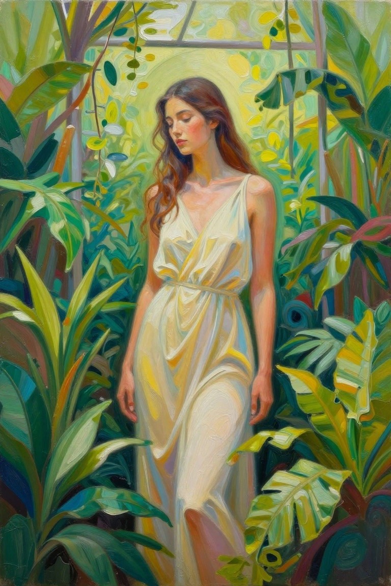 Woman in flowing yellow dress amid lush green tropical plants in sunlight