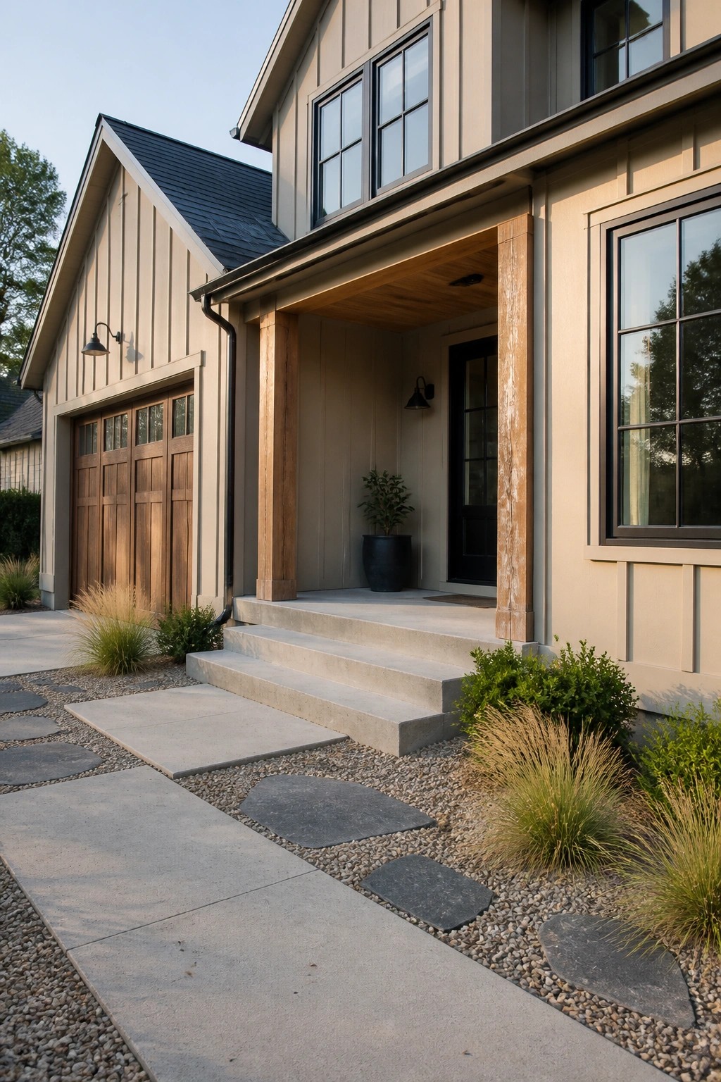 House exterior painted in a warm beige with wood posts and concrete steps.