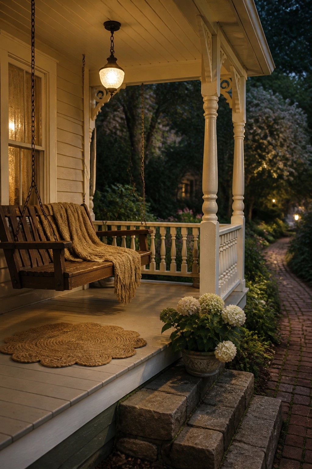 A house exterior with warm beige siding on a front porch.