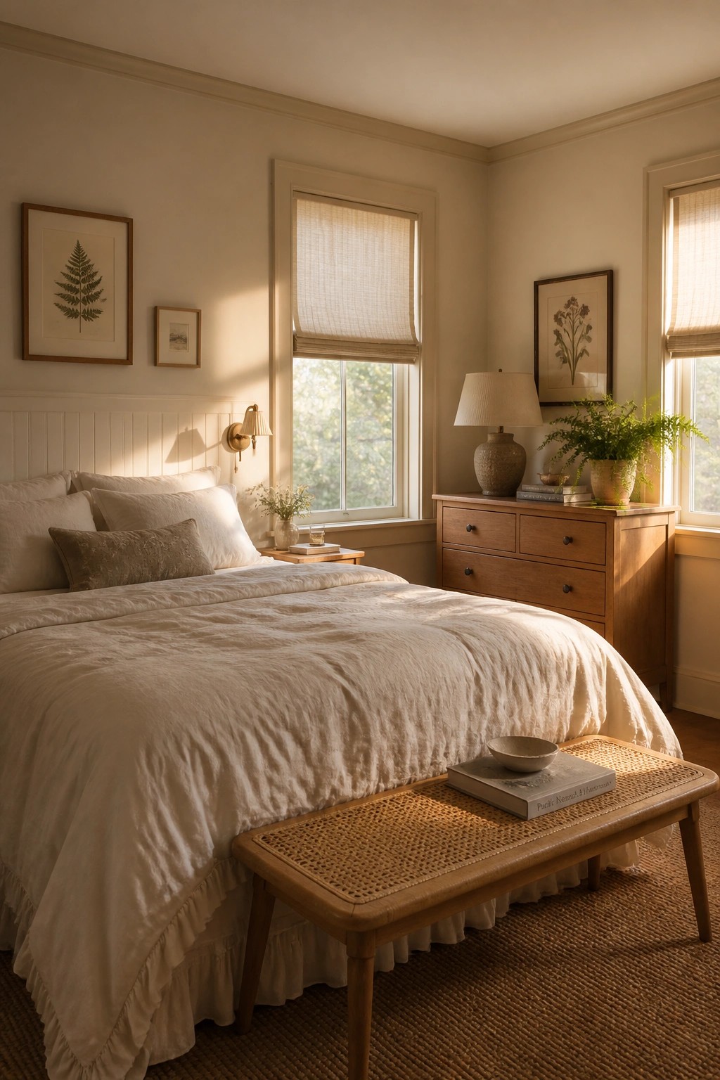 Sunlit bedroom with white linen bed, wooden dresser, and rattan bench at foot.