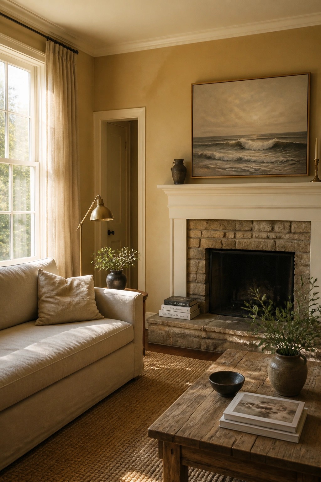 Living room walls painted in a soft warm beige.