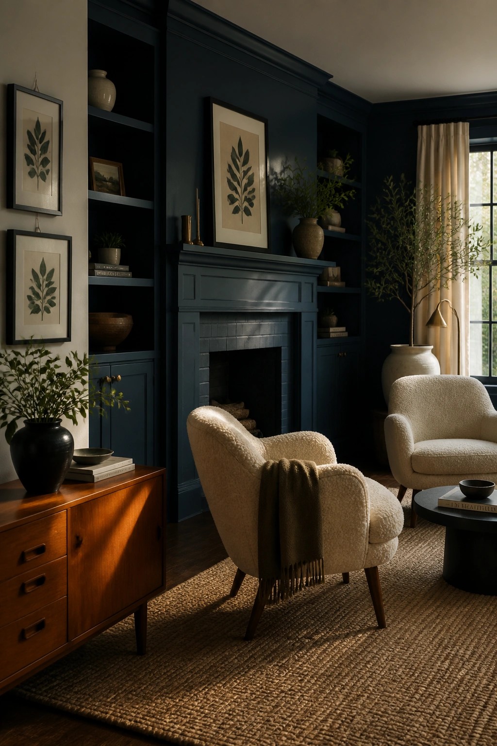 A living room with deep navy painted walls and built-in cabinetry around the fireplace.
