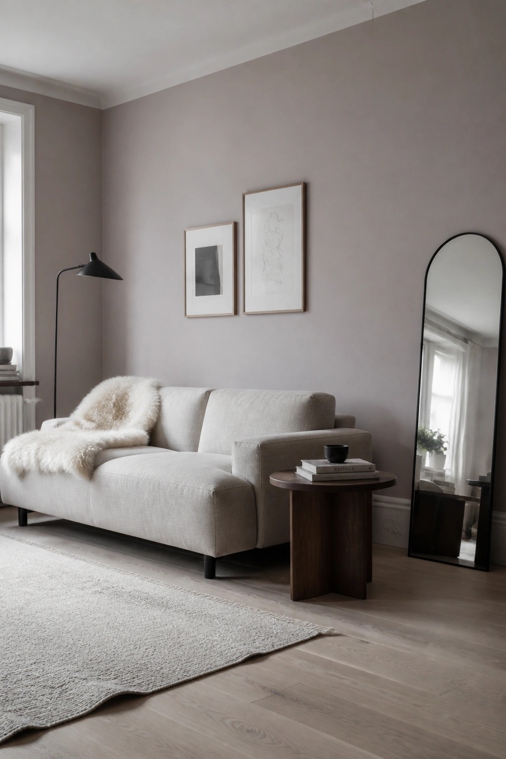Light greige walls in a living room with wood flooring and a neutral sofa.