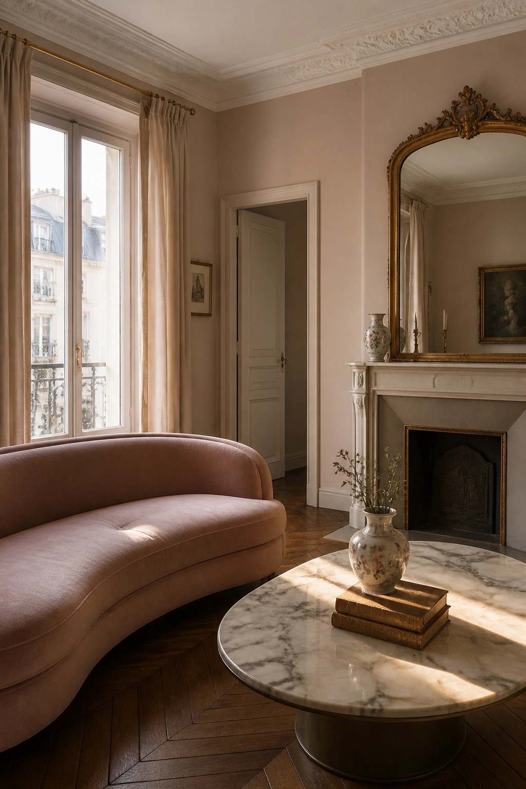 Living room walls painted in a soft warm greige.
