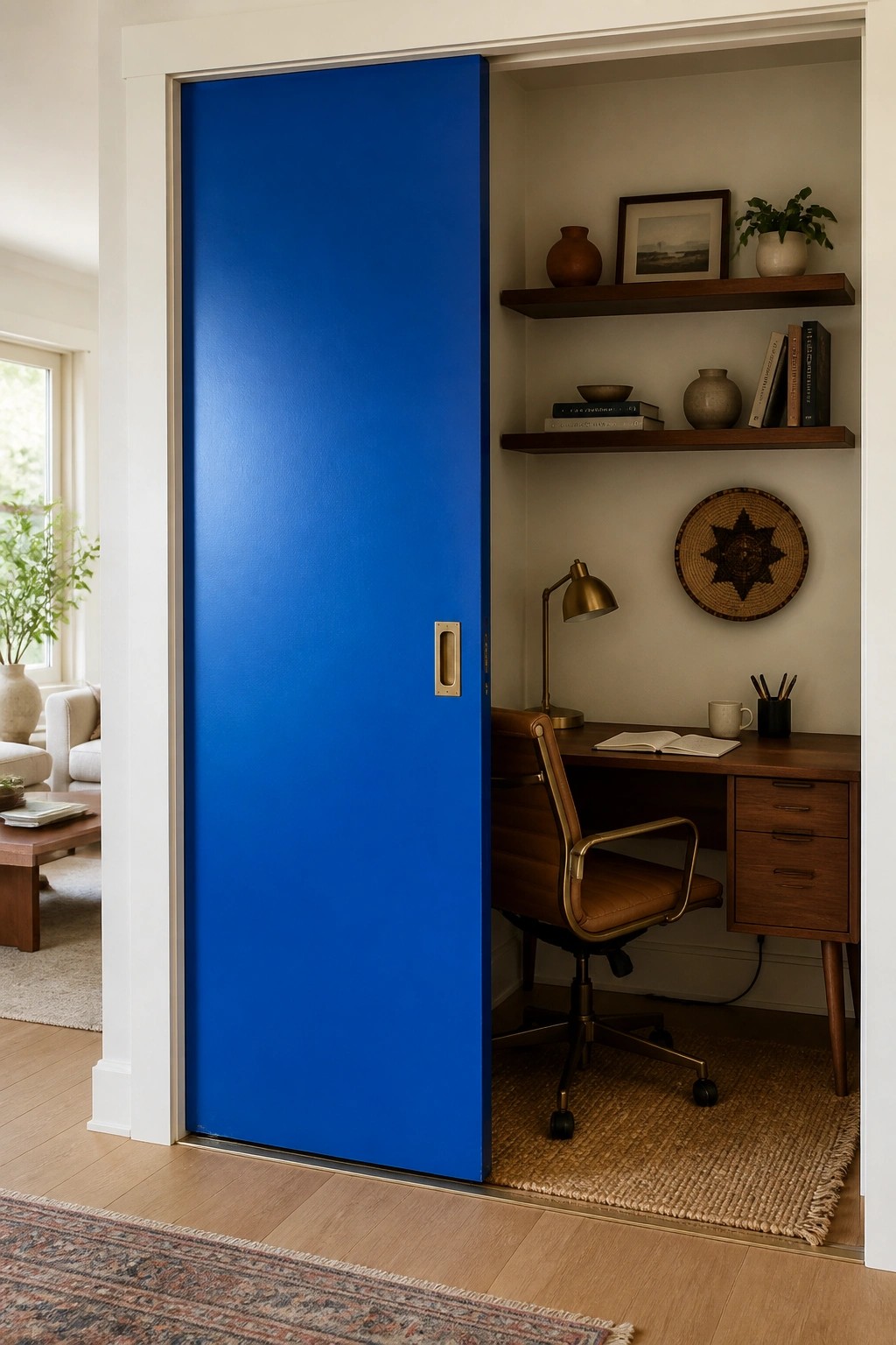 A bright blue sliding door opens into a compact home office with wood furnishings.