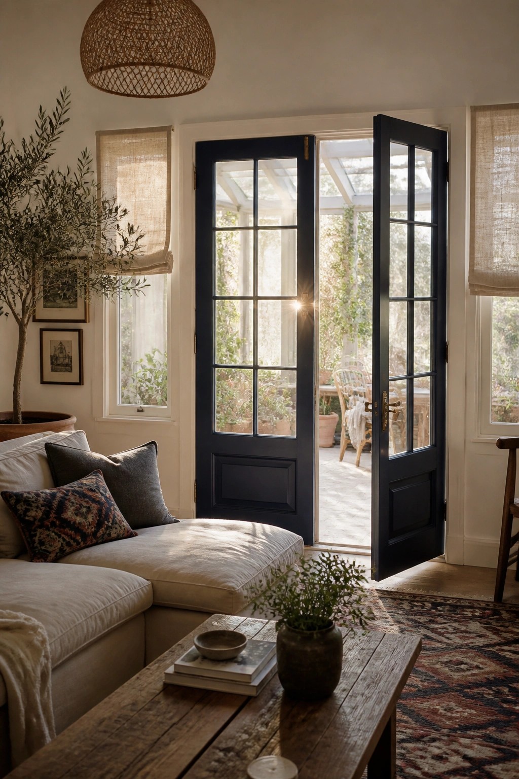 Dark navy doors open in a bright living room with white walls.