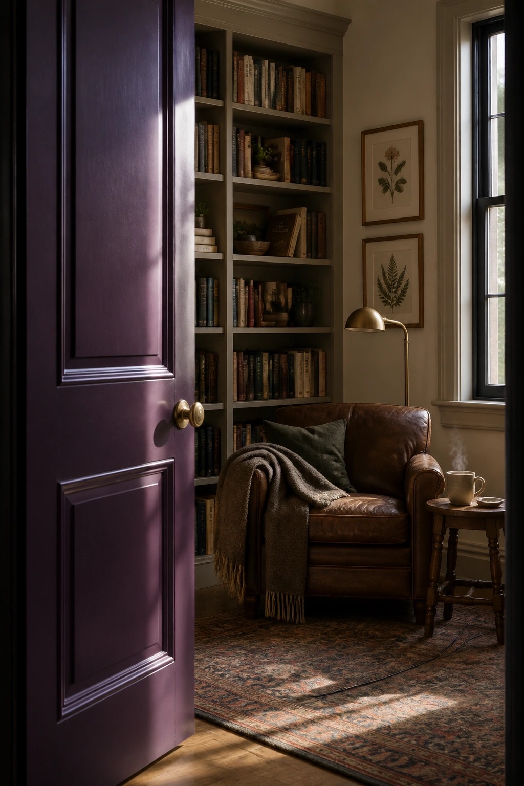 A deep purple door stands open into a room with bookshelves and a leather chair.