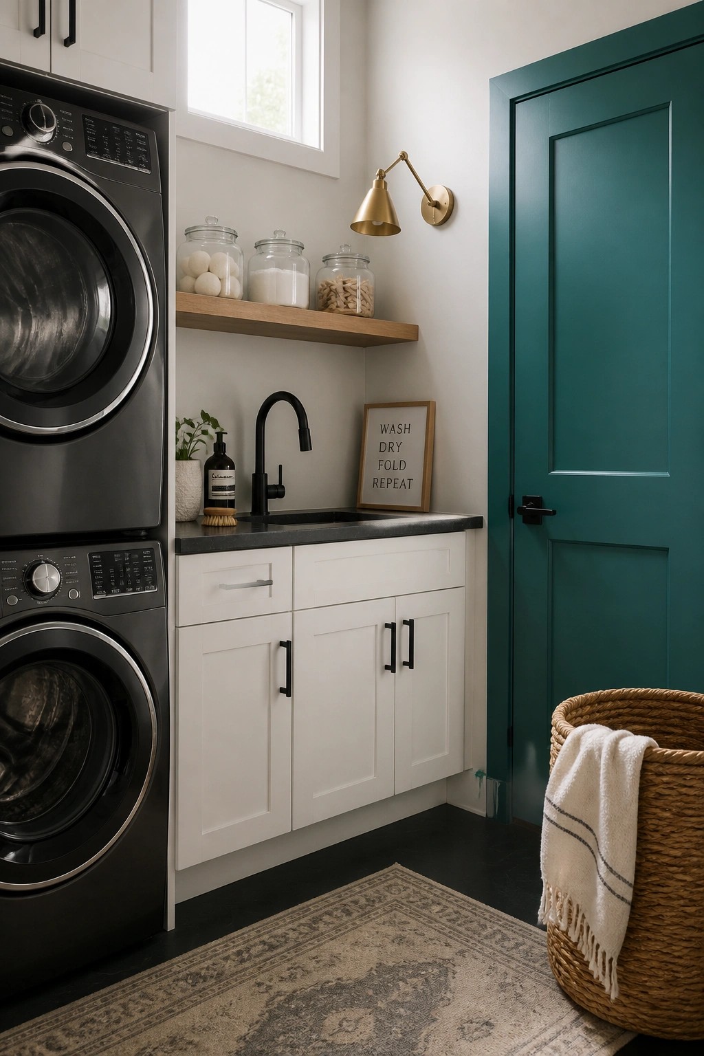 A deep teal door stands out in a laundry room with white cabinets and dark flooring.