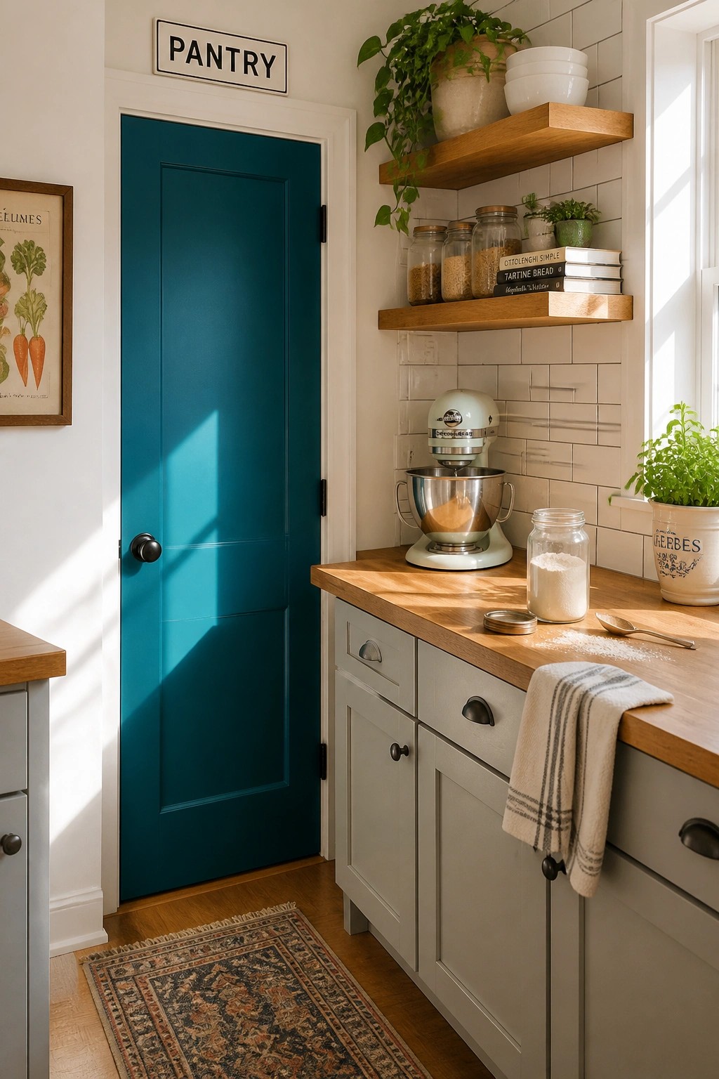 A deep teal pantry door stands next to a wooden countertop and gray cabinets.