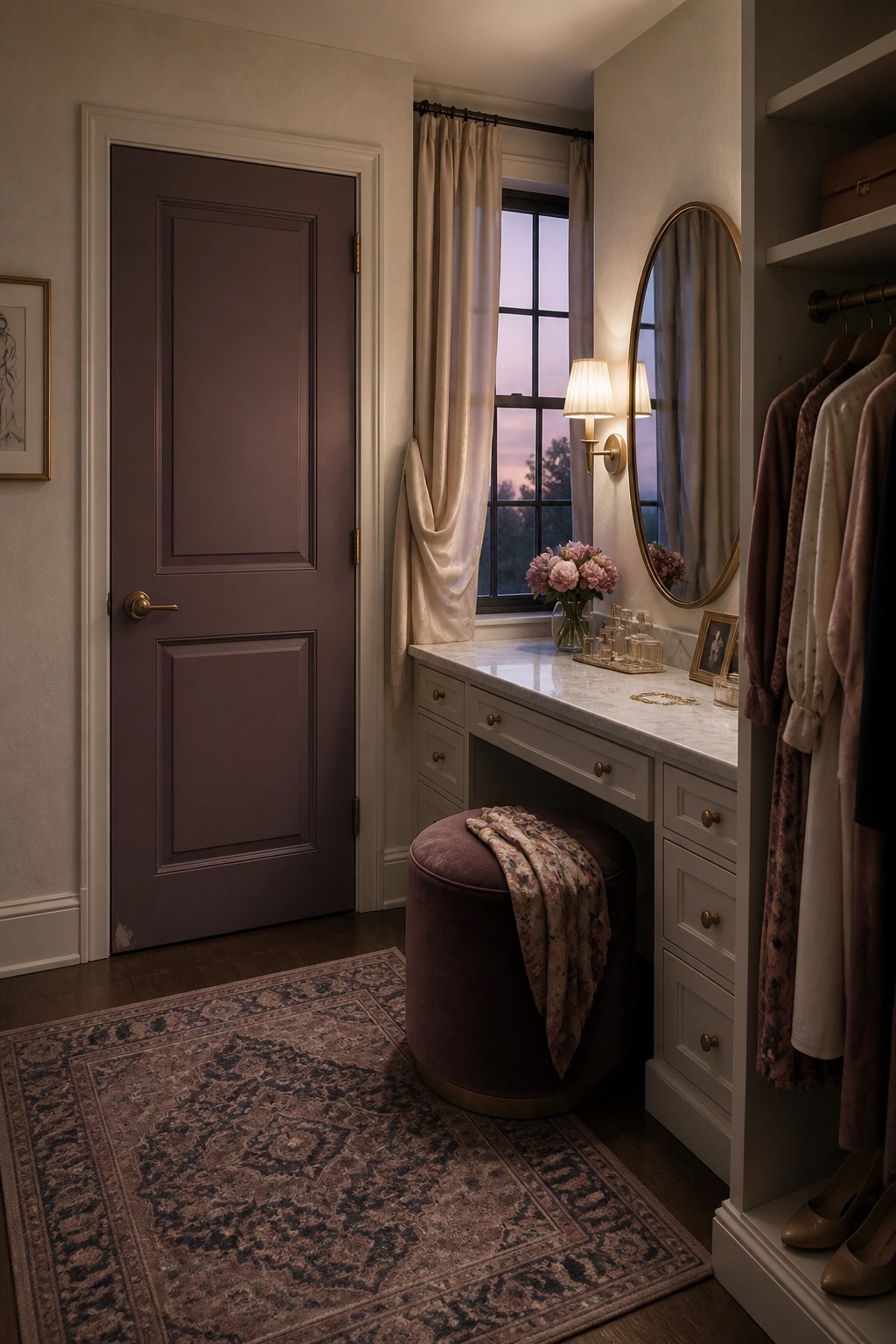 A deep mauve door stands out against white trim in a neutral dressing room.