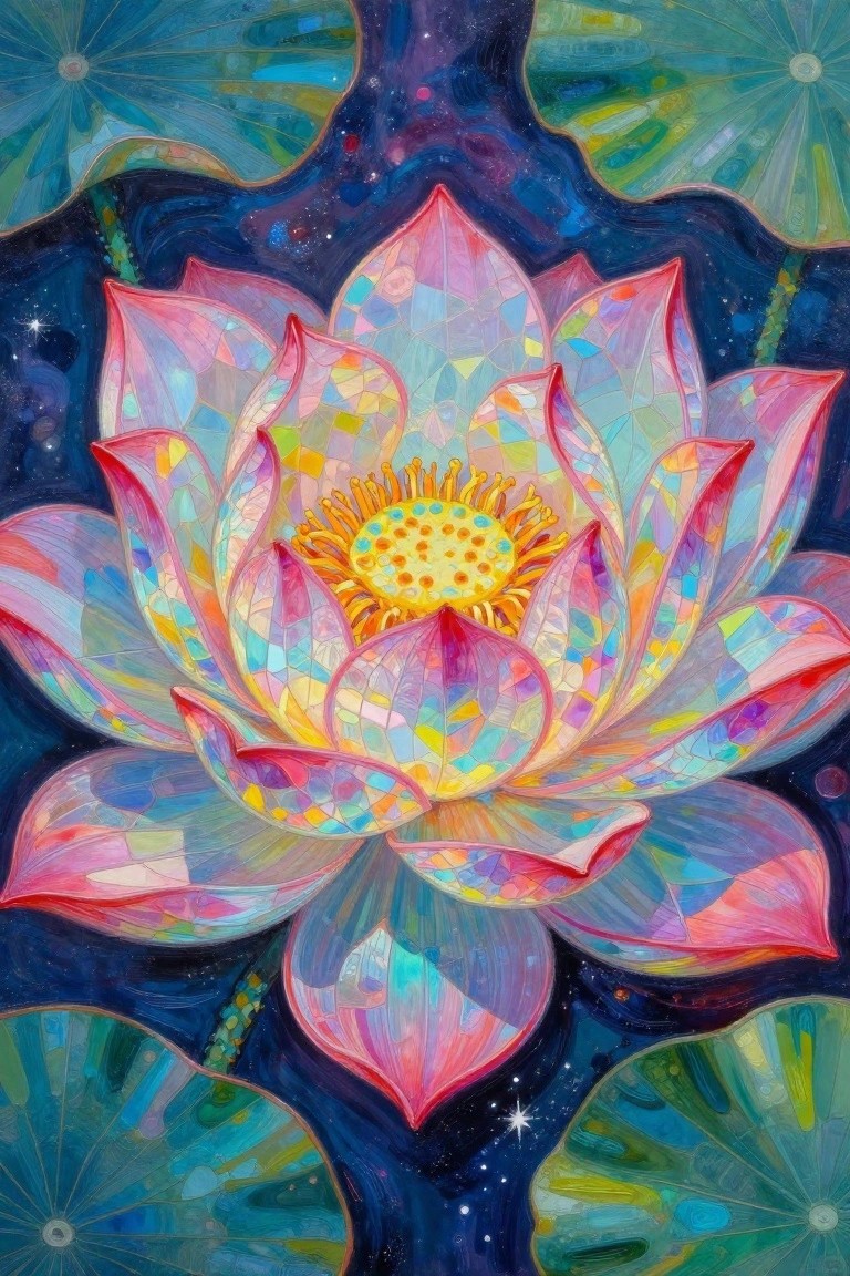 A large lotus flower with colorful geometric segments on its petals sits against a dark blue background with lily pads and small light dots.