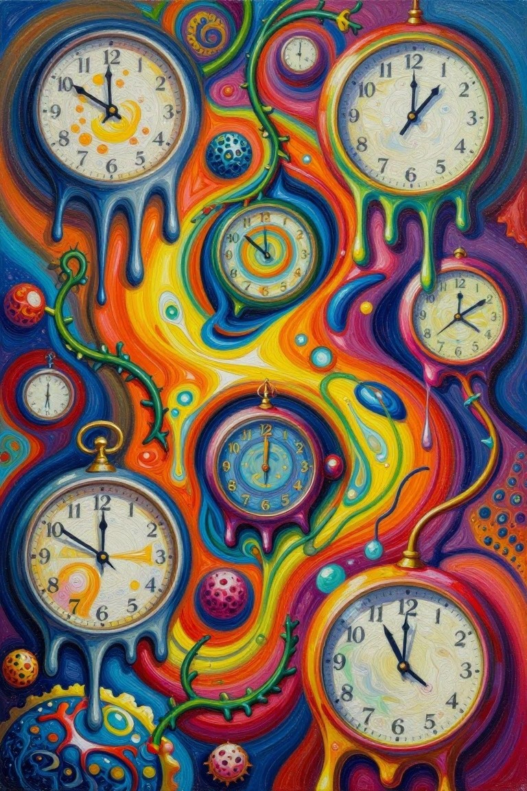 Vibrant surreal melting clocks amid psychedelic rainbow swirls, vines, and abstract patterns