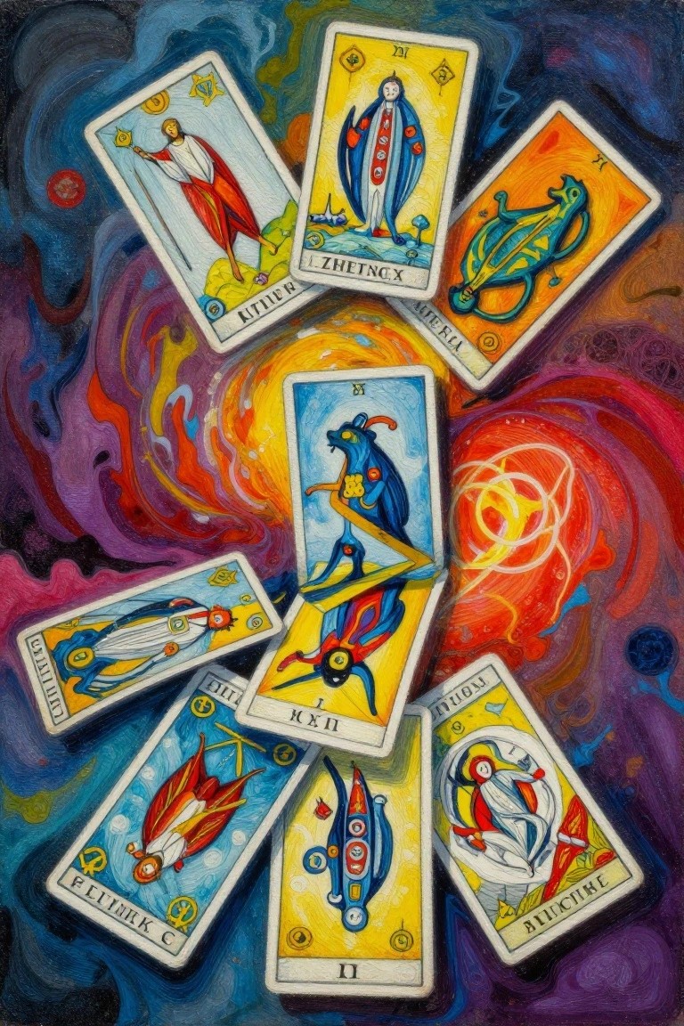 Colorful tarot cards float amid swirling cosmic flames and abstract energy patterns.
